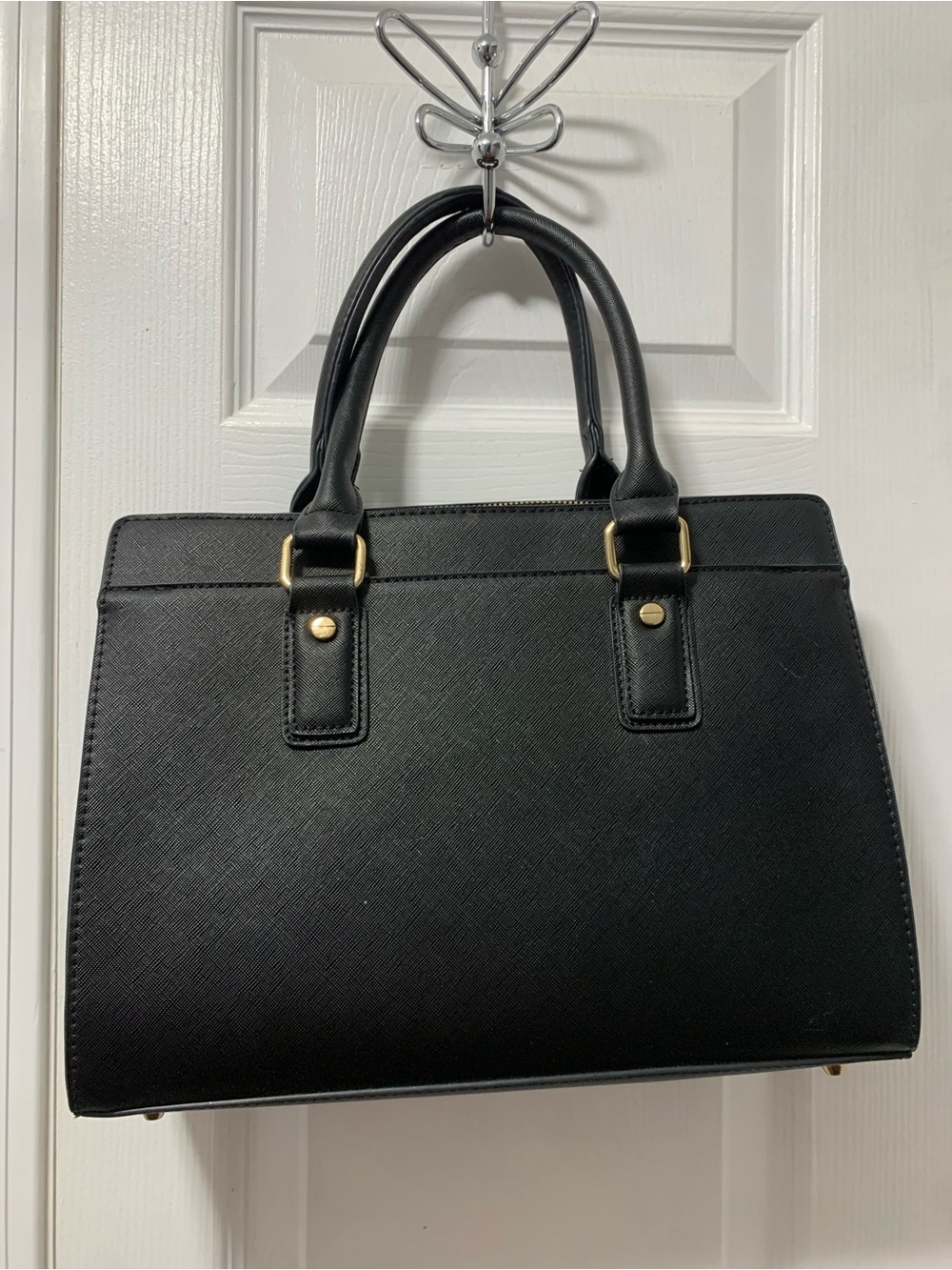 Elegant Black Structured Satchel Handbag with Gold Accents